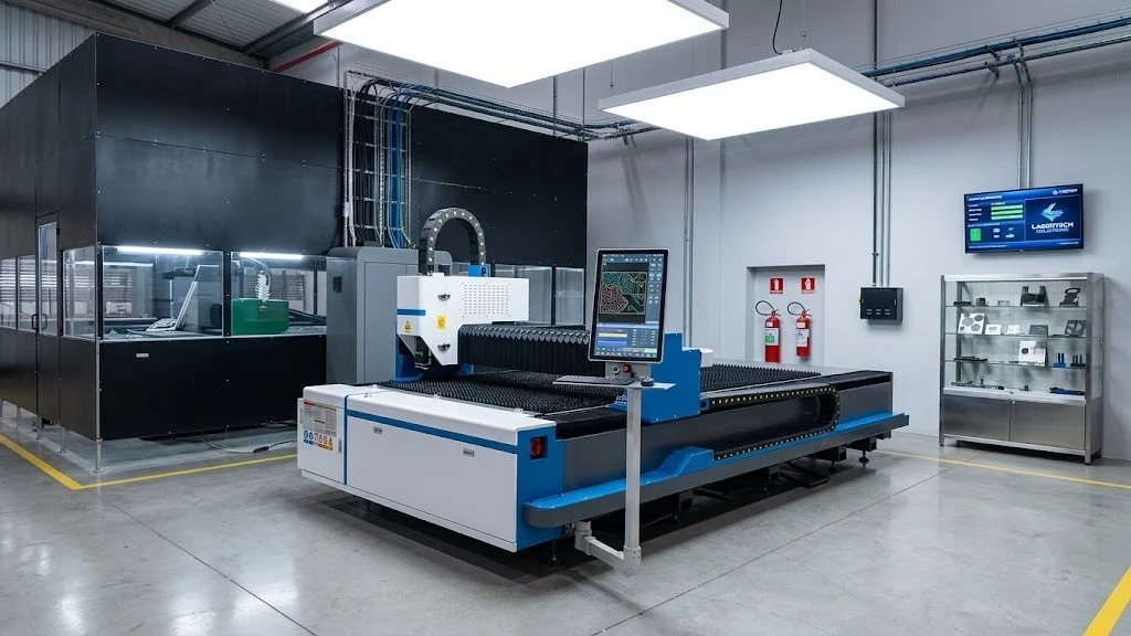 Máquina de corte a laser de chapas, com mesa de trabalho e painel de controle