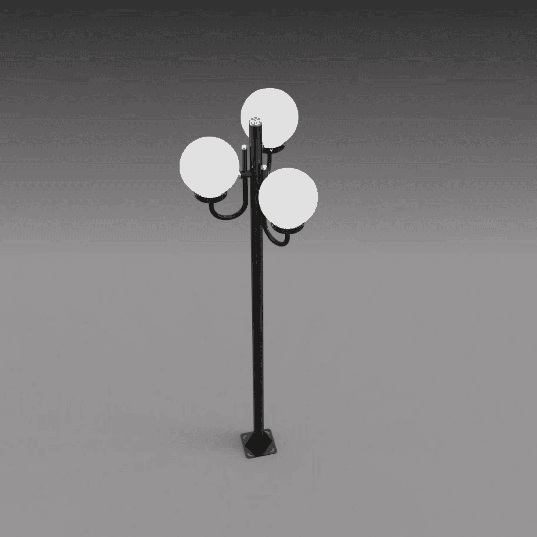 Poste decorativo PT 314 com vista frontal aérea, com três globos esféricos voltados para cima, estrutura em aço e alumínio, oferecendo iluminação 360° para paisagismo de alto padrão.