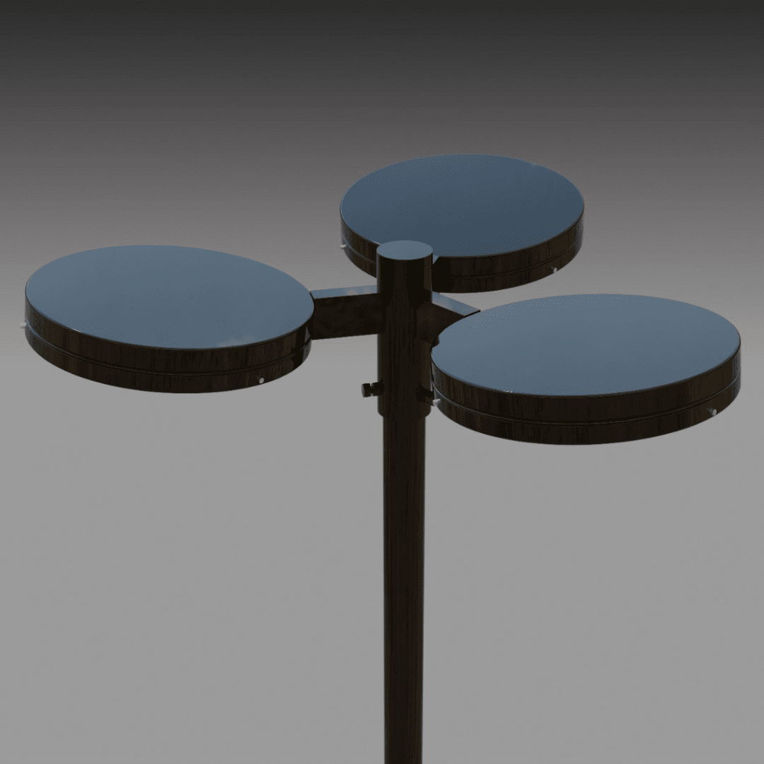 Poste decorativo com três luminárias LED redondas PT 535 com vista aérea , unindo design moderno e alta performance luminosa para jardins, condomínios e espaços públicos.