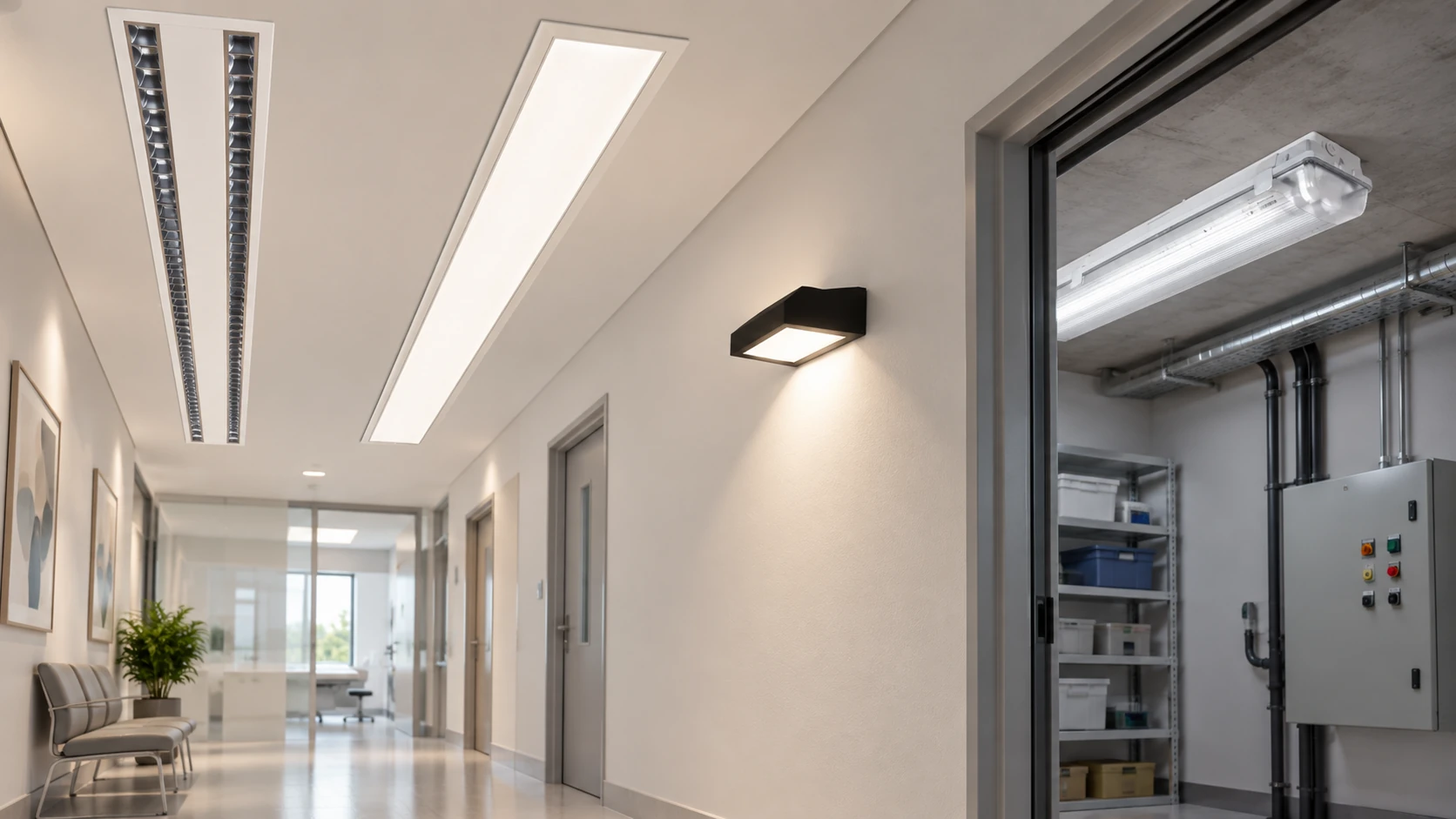 Corredores internos — estudo ilustrativo dos produtos —, 45640-1729, AD 098 alum 200w 4000k pint pto**, Chapa transp FE 220 1200x180mm**