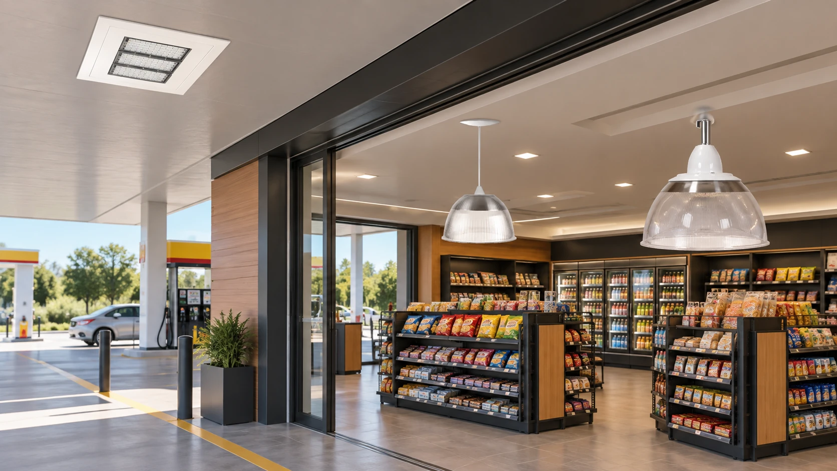 Marquise e conveniência — estudo ilustrativo dos produtos EB 122 bco led 100w 5000k 220V**, PD 200 bco, Gancho longo p/ PD 187