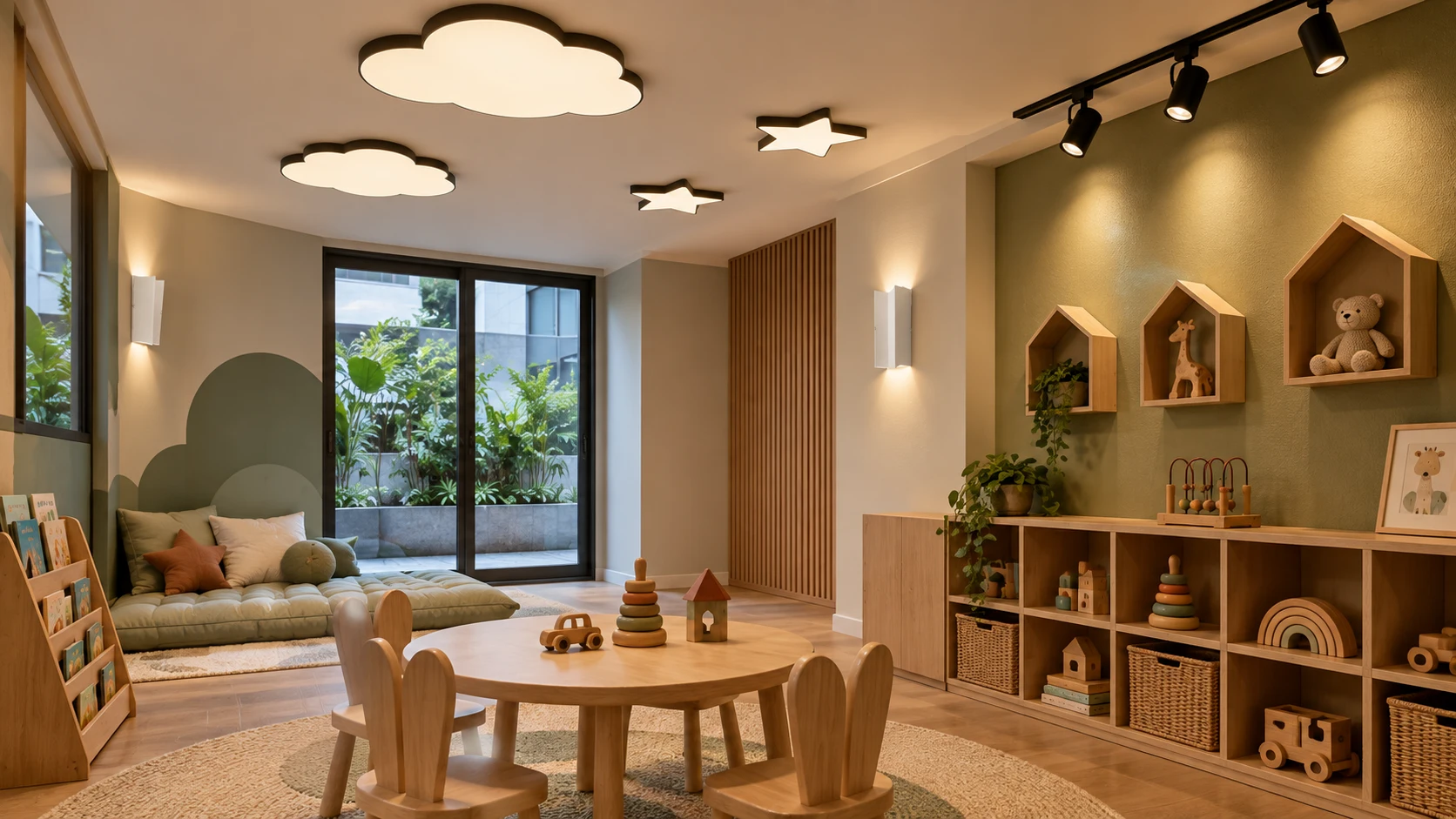 Espaço kids interno inspirado em ST 027 · AD 208 — imagem ilustrativa criada com IA