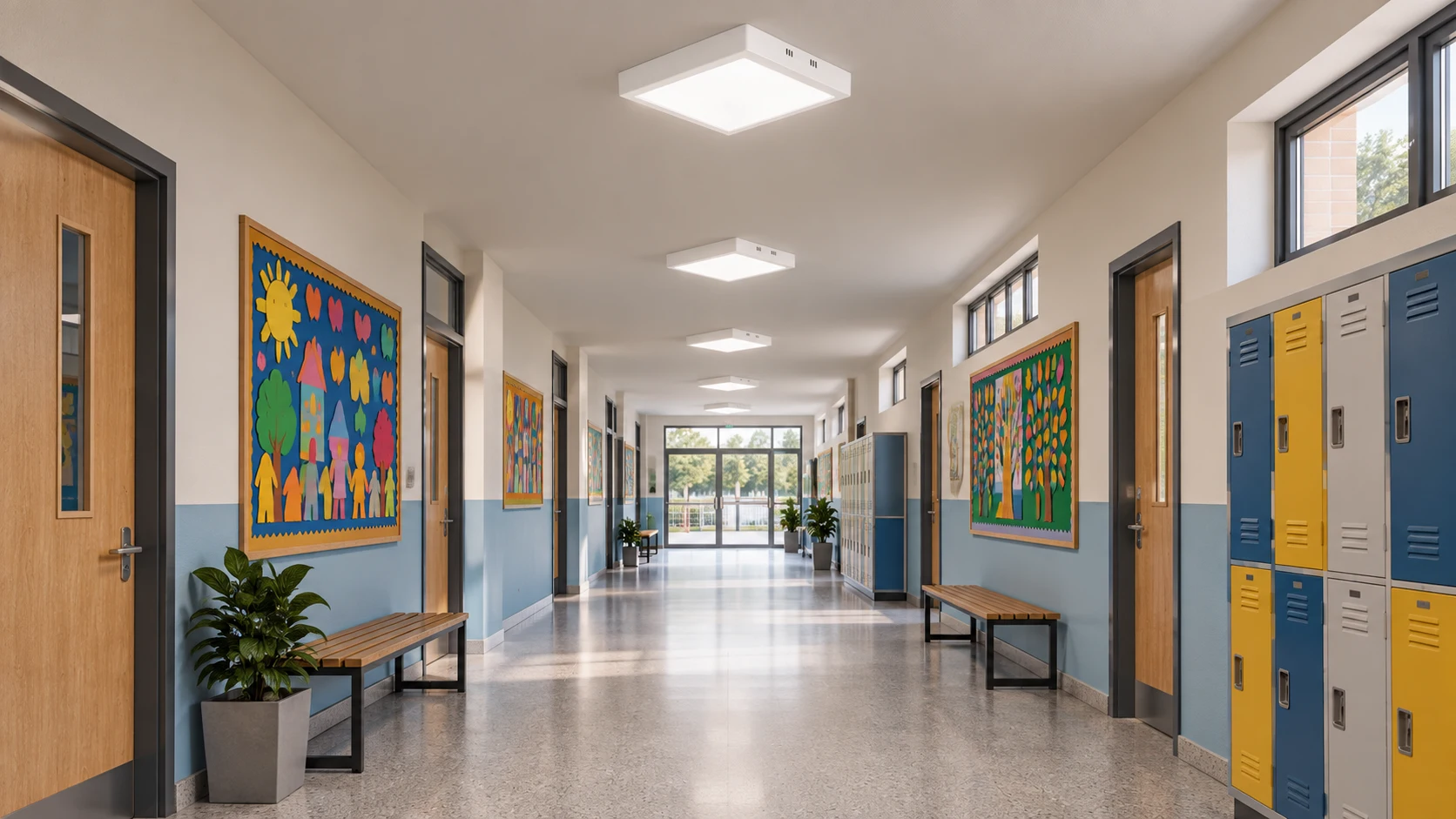 Corredores escolares com PL 129 — imagem ilustrativa criada com IA