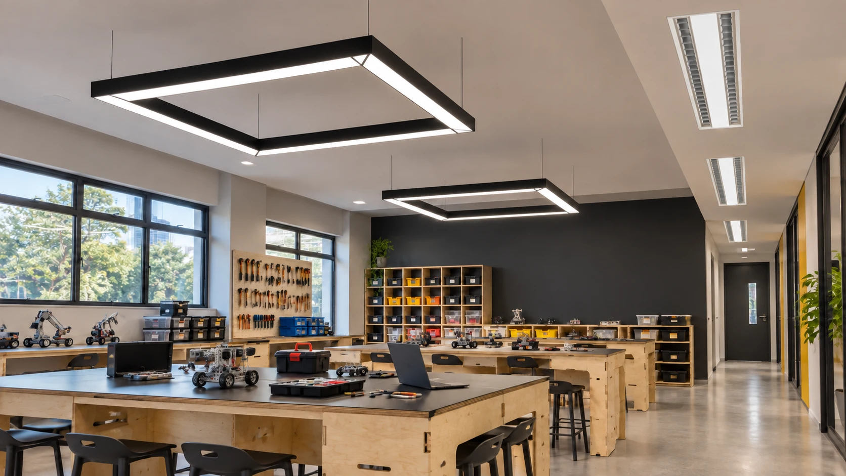 Sala de robótica com FL 243 · FE 219 — imagem ilustrativa criada com IA