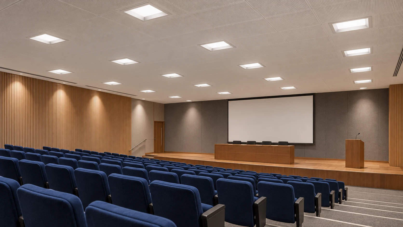 Auditório universitário com EB 222 — imagem ilustrativa criada com IA