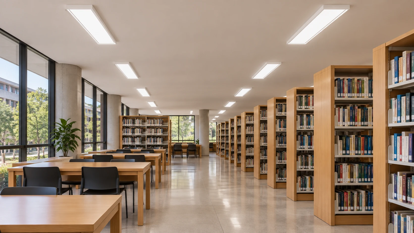 Biblioteca universitária com PL 128 — imagem ilustrativa criada com IA