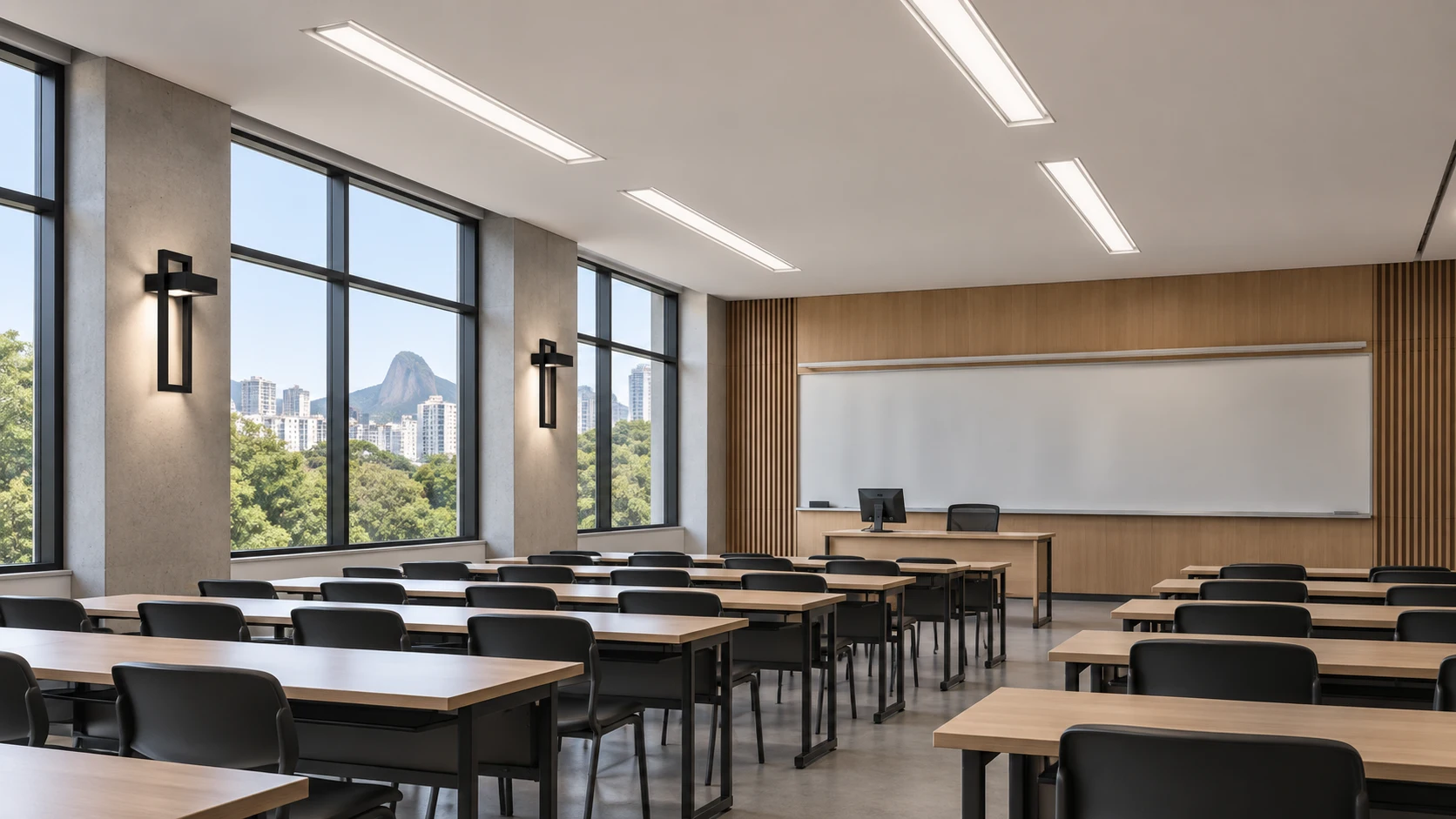 Salas de aula universitárias com FE 220 · AD 353 — imagem ilustrativa criada com IA