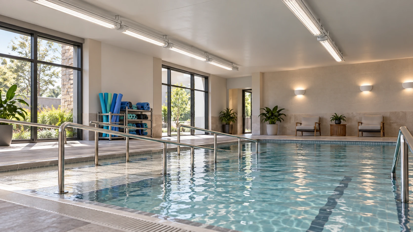 Piscinas de hidroginástica com FL 206 · AD 222 — imagem ilustrativa criada com IA