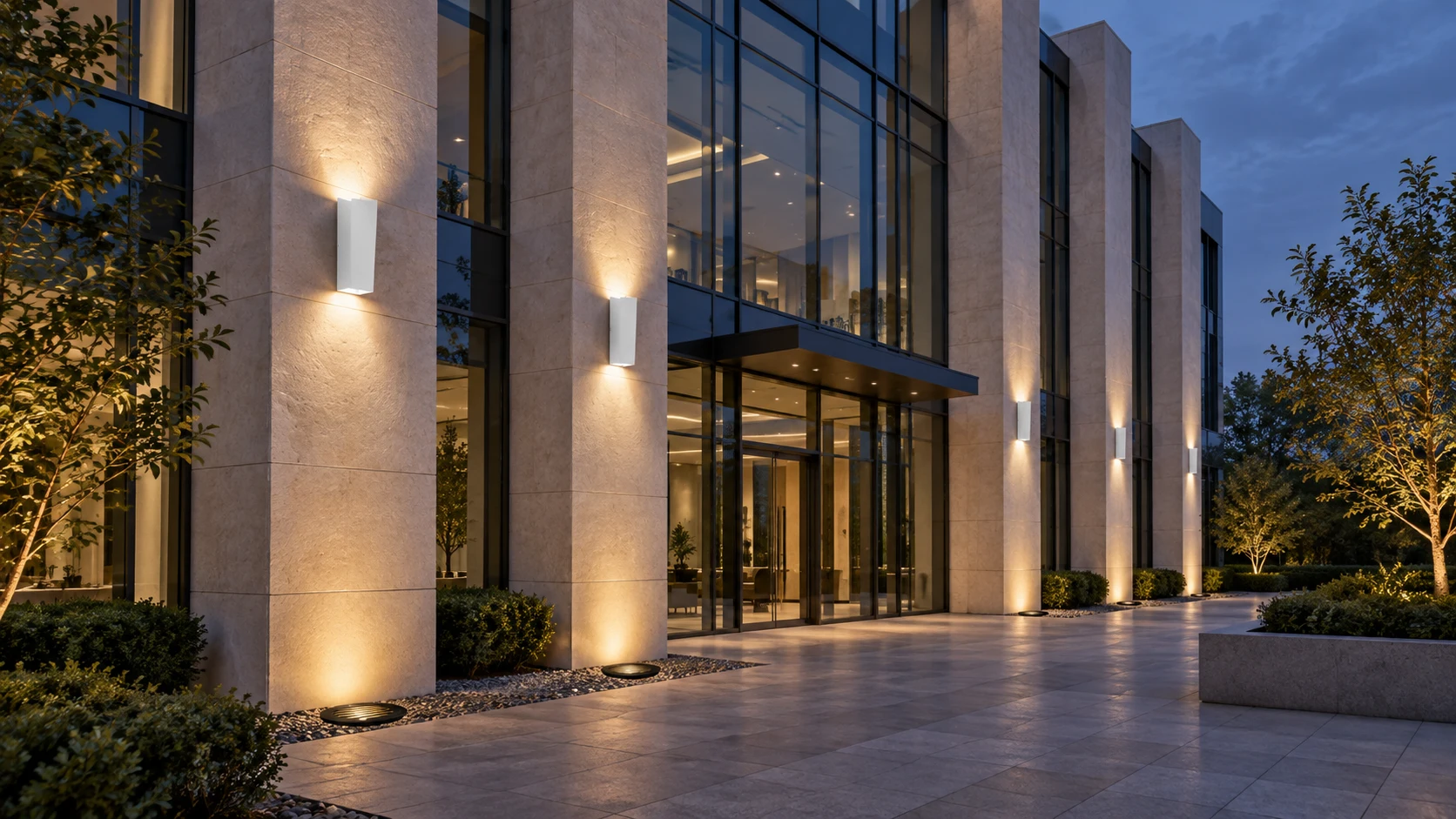 Fachada de edifício corporativo com referência AD 208 · PJ 181 Aladin — imagem ilustrativa criada com IA