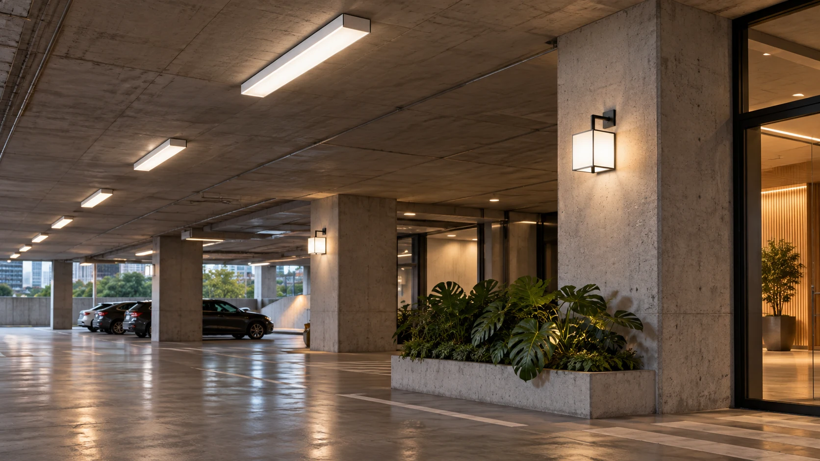Estacionamento coberto de centro de eventos com FL 220 · AD 351 — imagem ilustrativa criada com IA