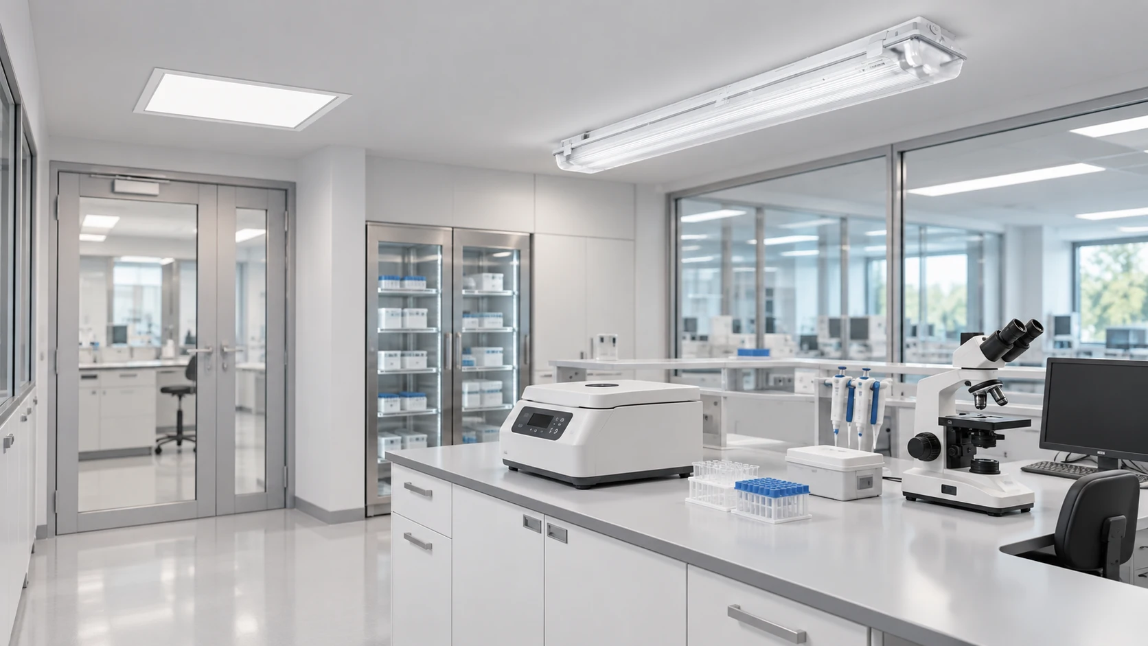 Laboratórios de análises clínicas com FL 206 · EB 128 — imagem ilustrativa criada com IA