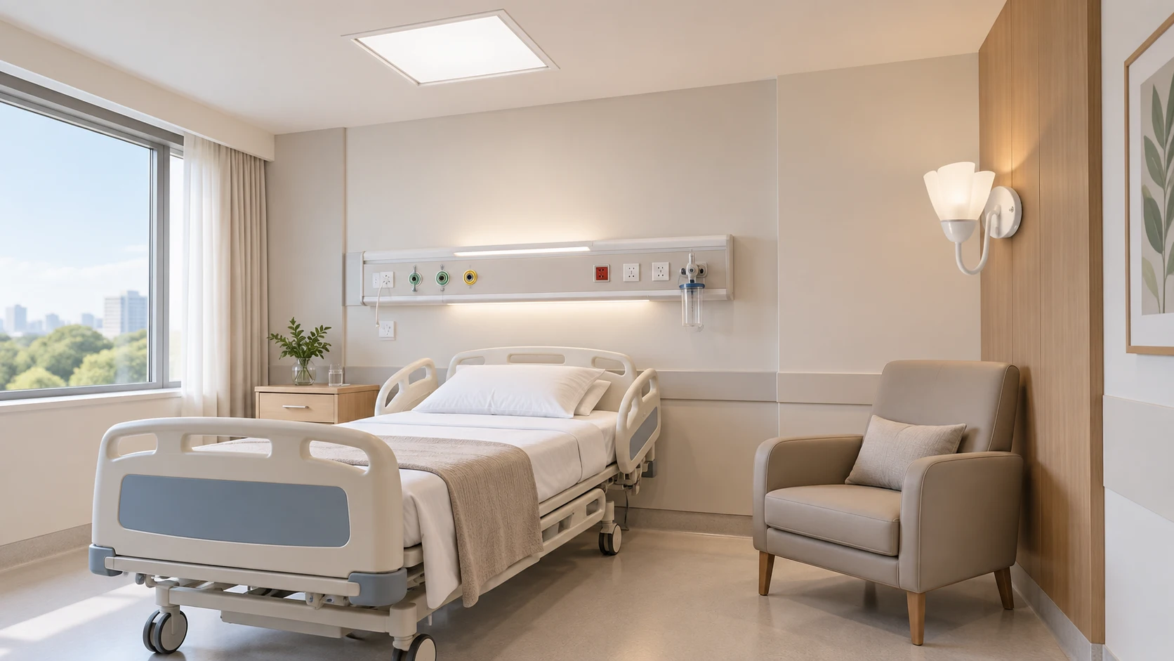 Quartos hospitalares com EB 129 · AD 200 — imagem ilustrativa criada com IA