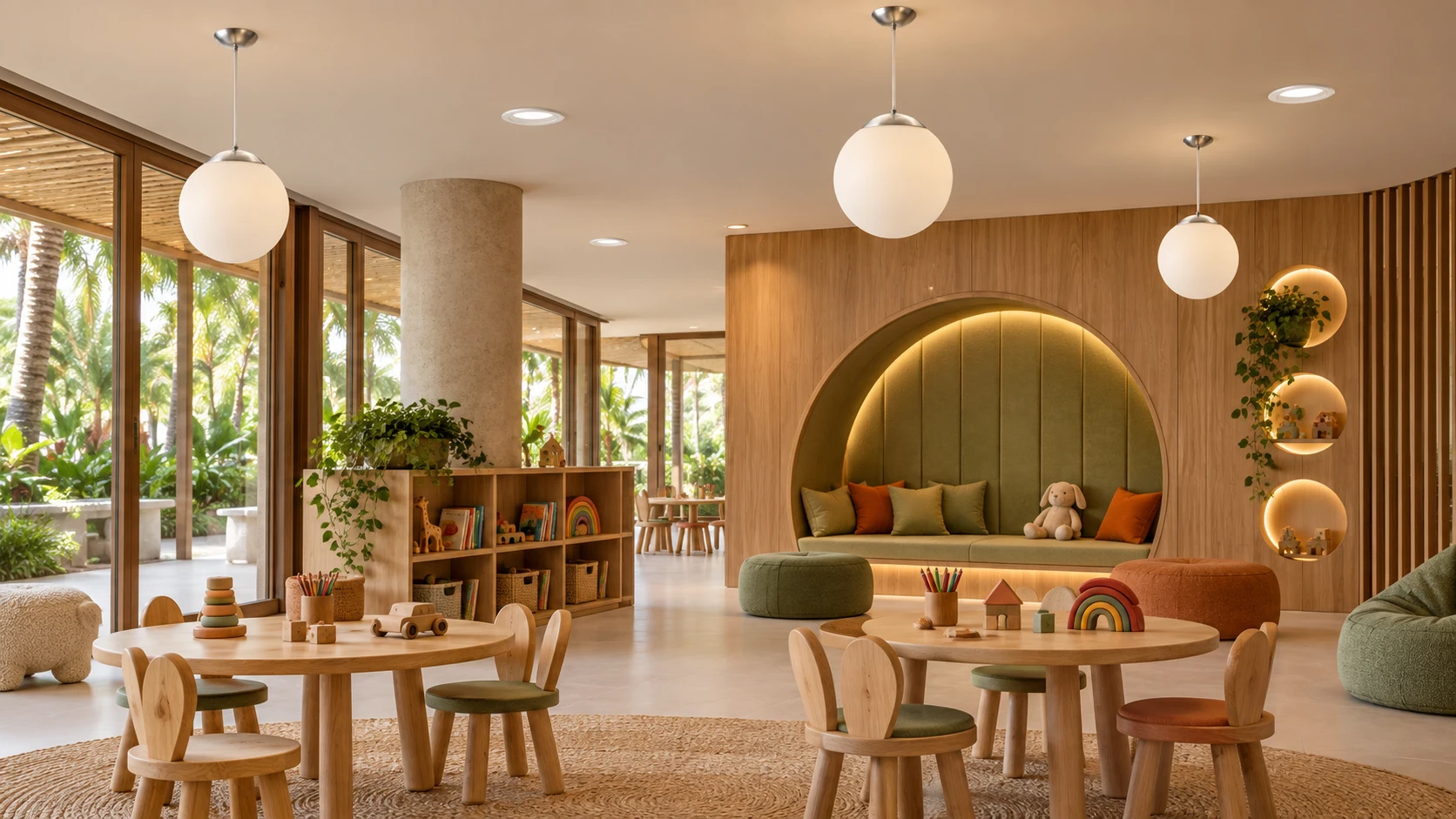 Espaço kids interno inspirado em PD 209 · EB 130 — imagem ilustrativa criada com IA