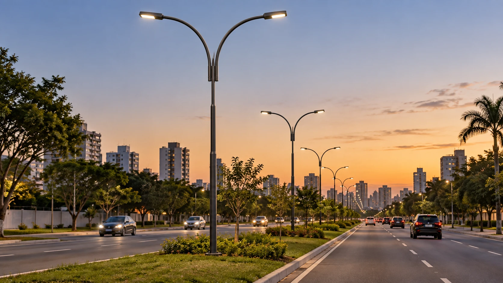 Iluminação pública para avenidas com poste PT 322 — imagem ilustrativa criada com IA