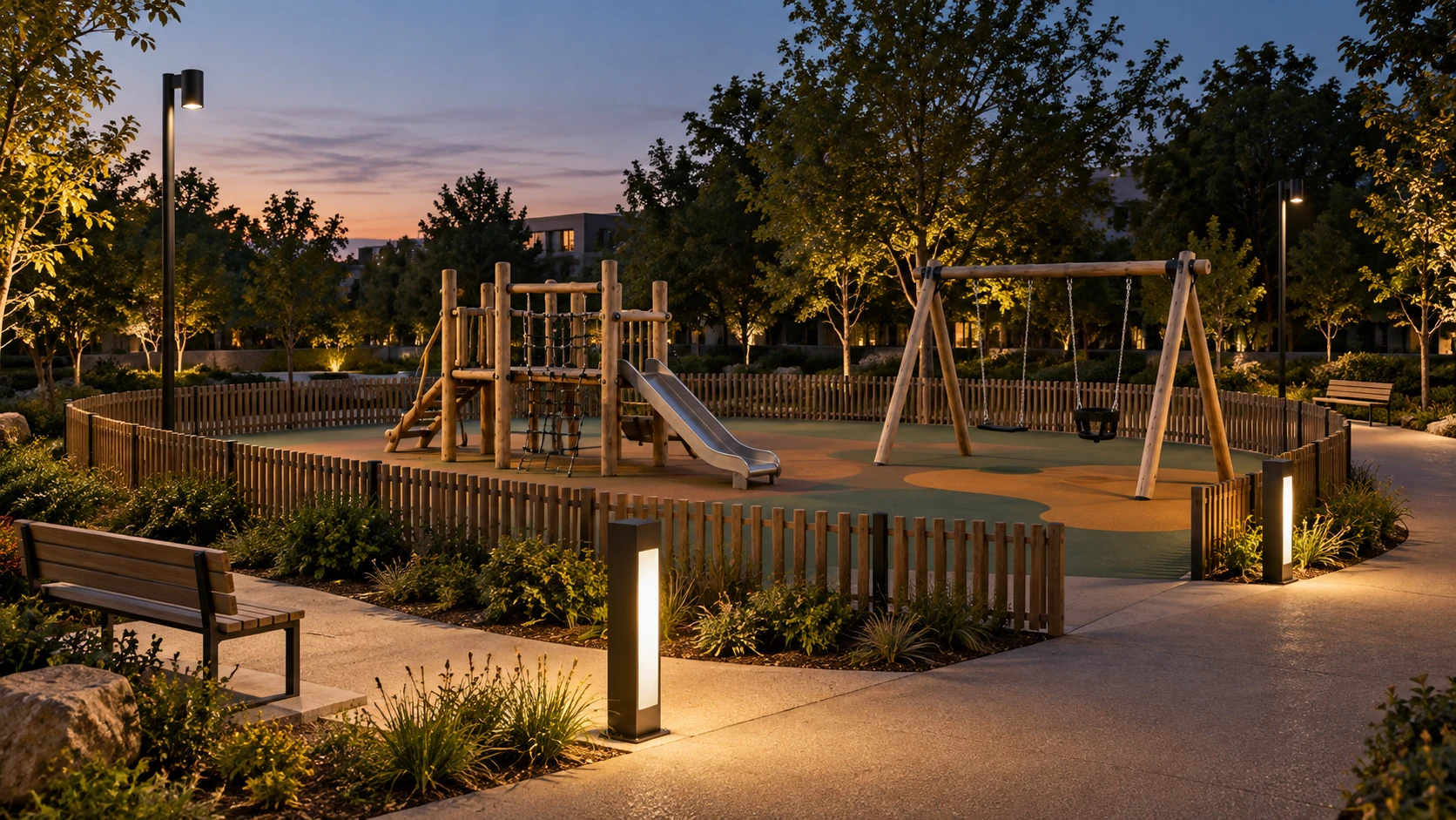 Playgrounds em praças e parques com referência PT 350 · BL 211 Aladin — imagem ilustrativa criada com IA