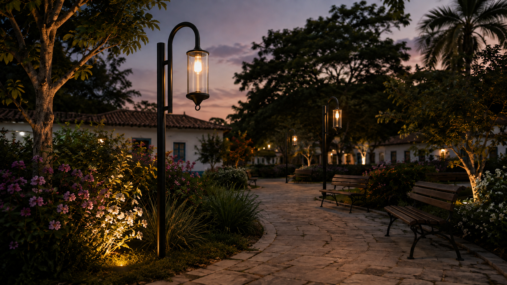 Conceito de praça romântica com poste PT 307 e iluminação de vegetação com PJ 180
