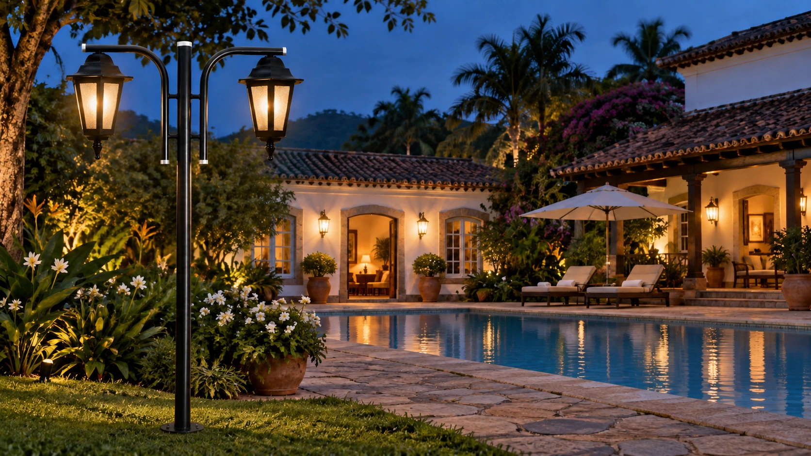Piscina em arquitetura colonial — imagem ilustrativa criada com IA