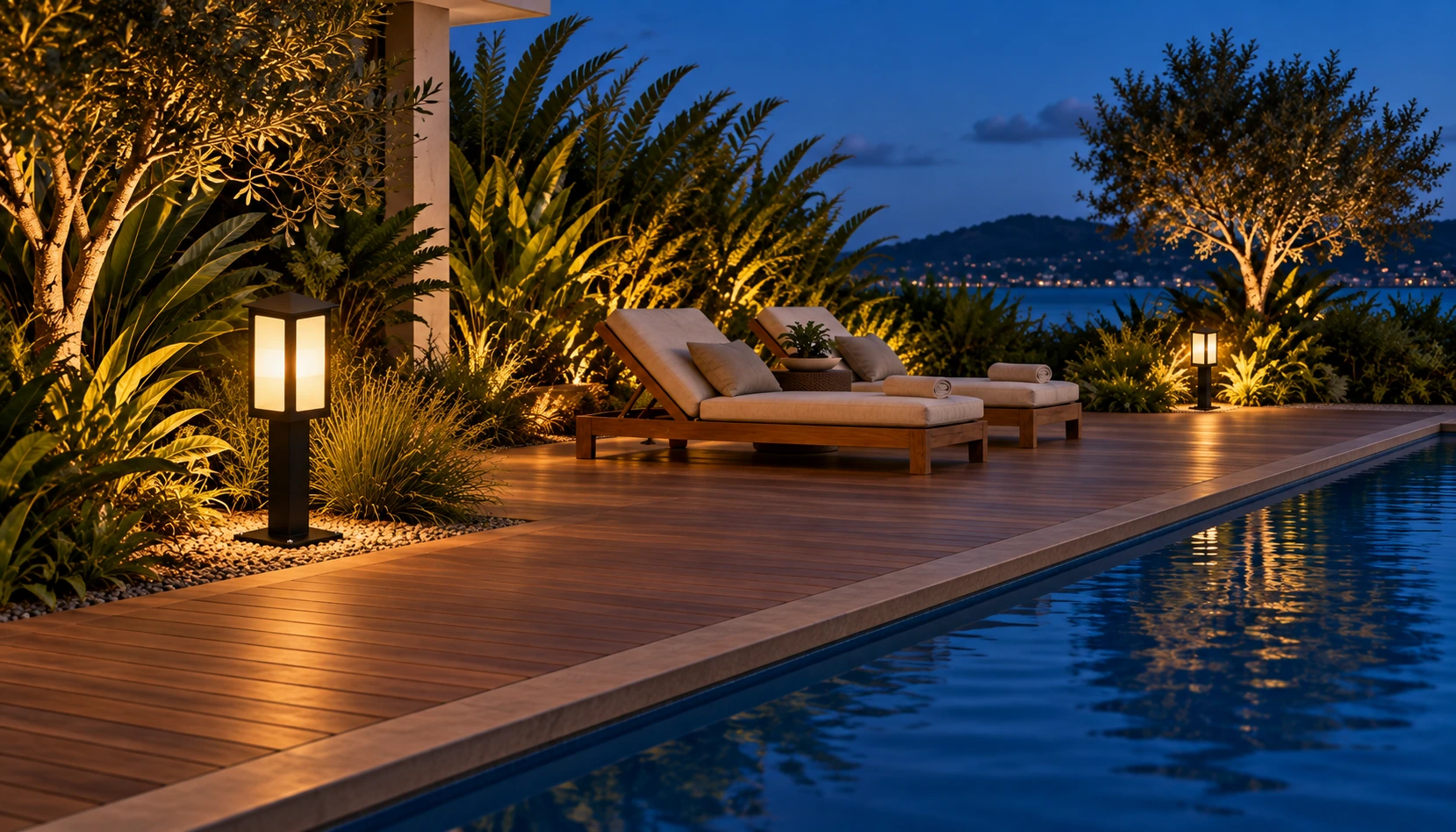 Deck e descanso junto à piscina — imagem ilustrativa criada com IA