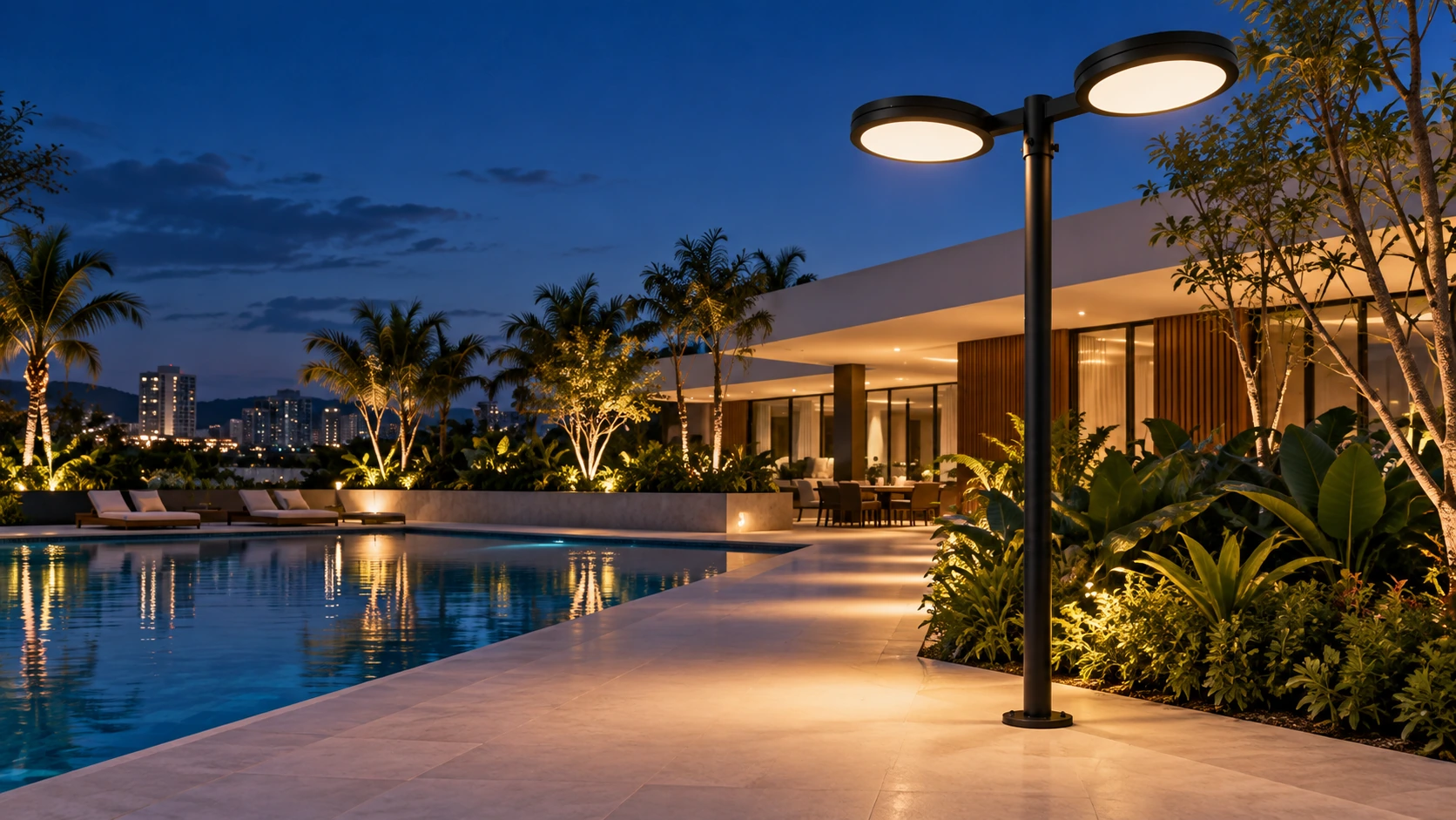 Piscina contemporânea com poste PT 505 — imagem ilustrativa criada com IA