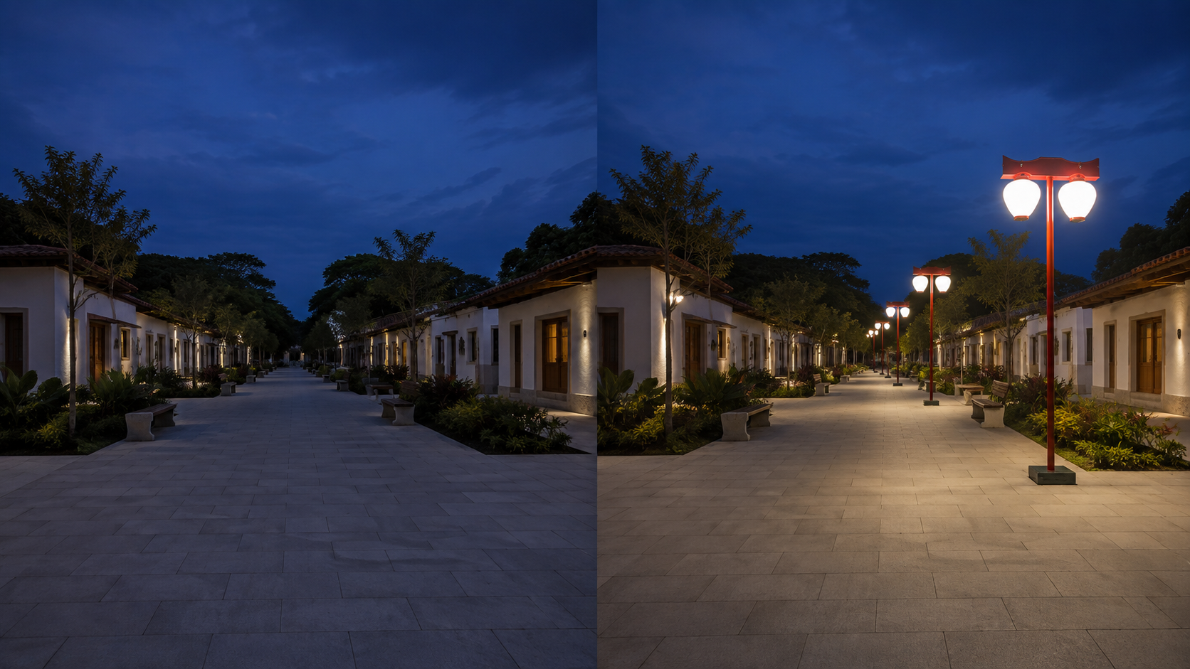 Comparação conceitual por IA: alameda sem iluminação decorativa à esquerda e proposta com postes PT 346 à direita