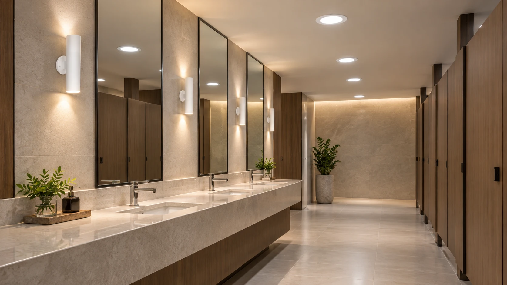 Sanitários do shopping com EB 130 · AD 213 — imagem ilustrativa criada com IA
