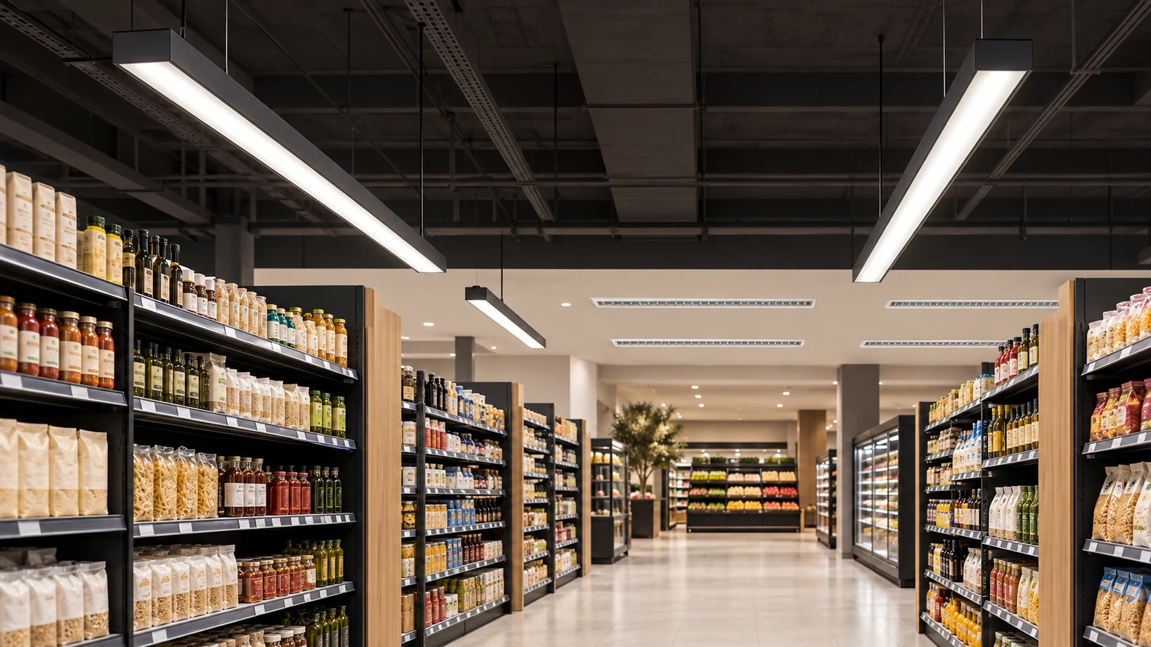 Corredores de supermercados com FL 229 · FE 219 — imagem ilustrativa criada com IA