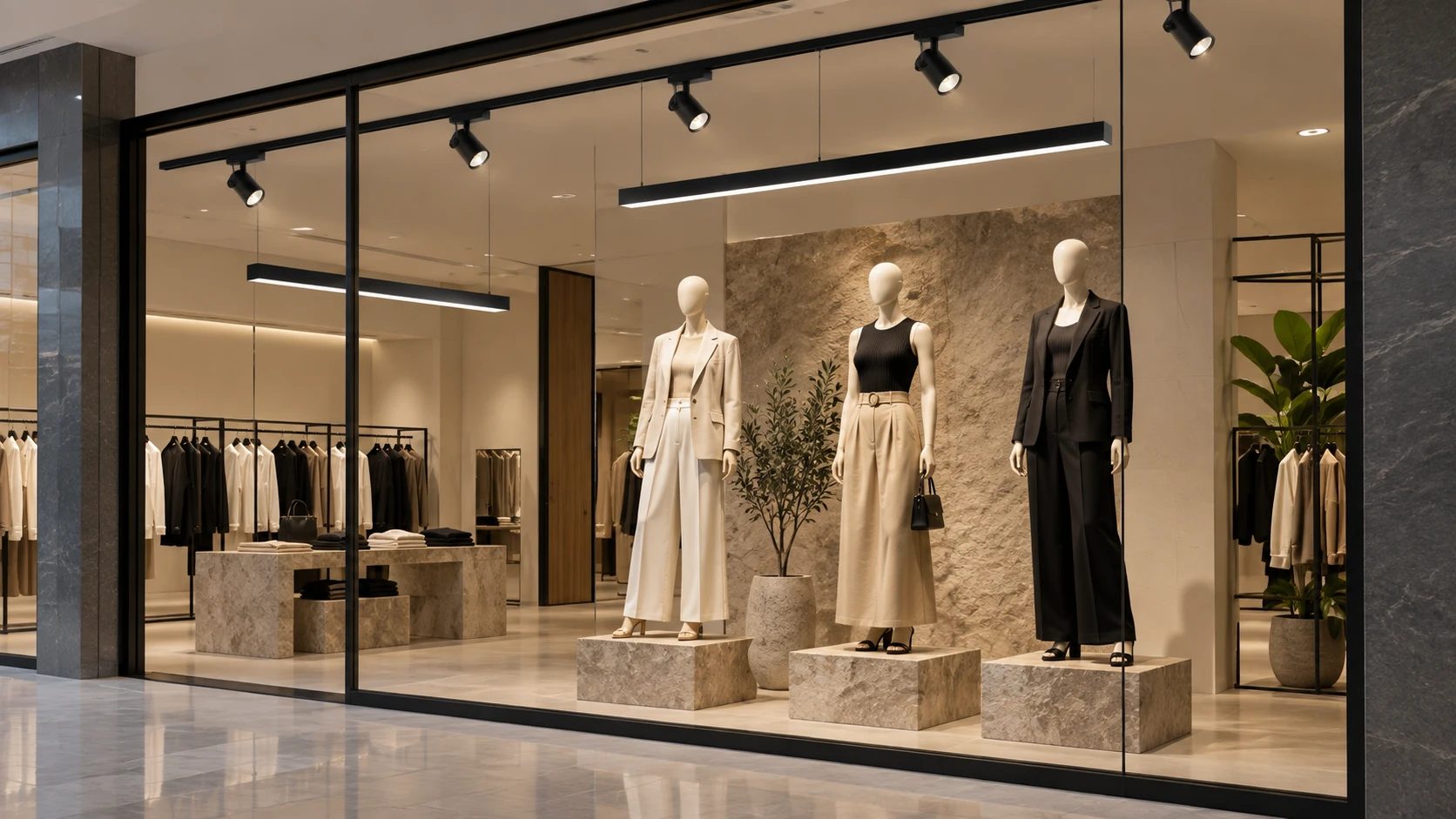 Vitrine de moda com spots e luz linear — imagem ilustrativa criada com IA