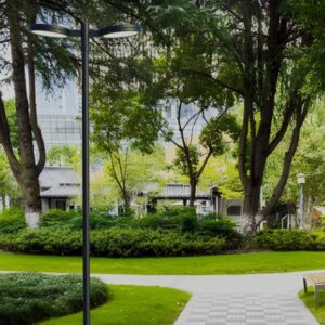 Poste telecônico modelo PT 505 em um ambiente claro com vista frontal, configurável com 1 ou 2 luminárias LED redondas, oferecendo iluminação eficiente e alta durabilidade para áreas externas públicas ou privadas.